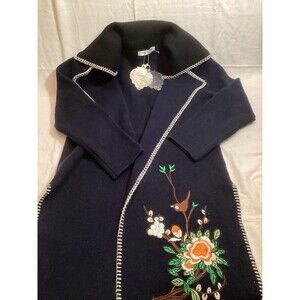 Simply Couture Navy Long Cardigan Size Large Embroidered Birds Flowers Trees NWT